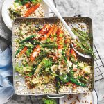 Spiced okra millet salad with tahini dressing