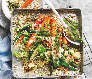 Spiced okra millet salad with tahini dressing