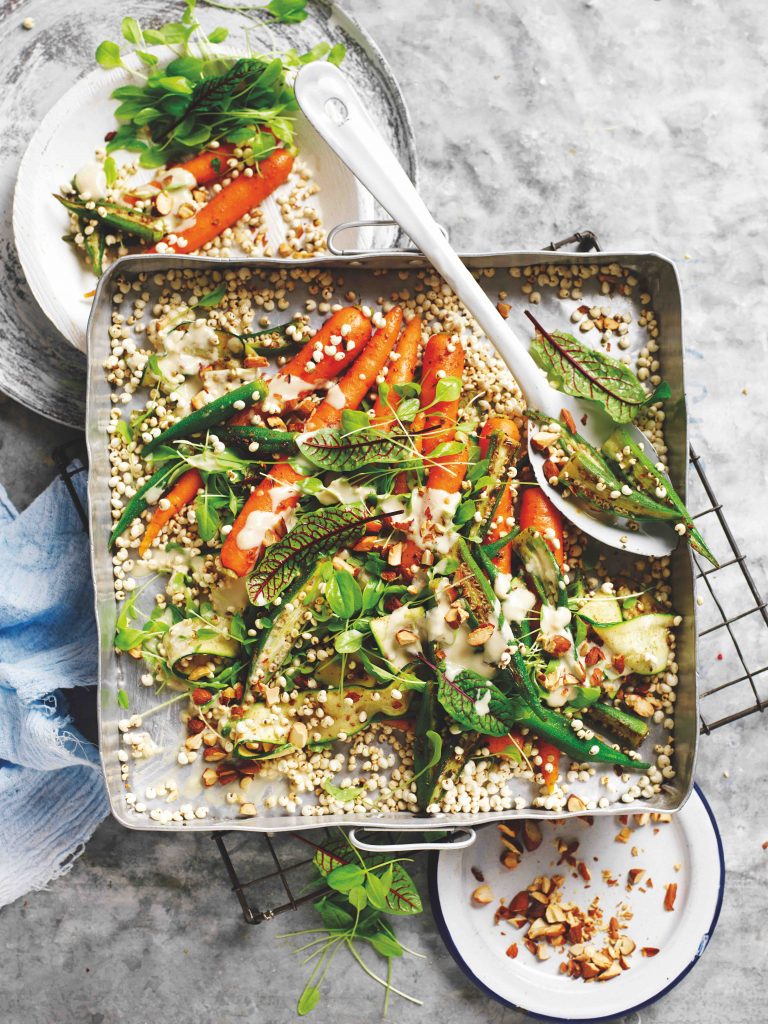 Spiced okra millet salad with tahini dressing