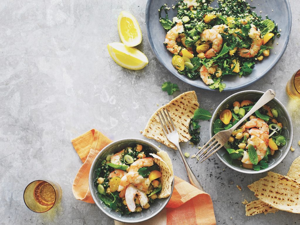 Prawn, kale & chickpea tabbouleh