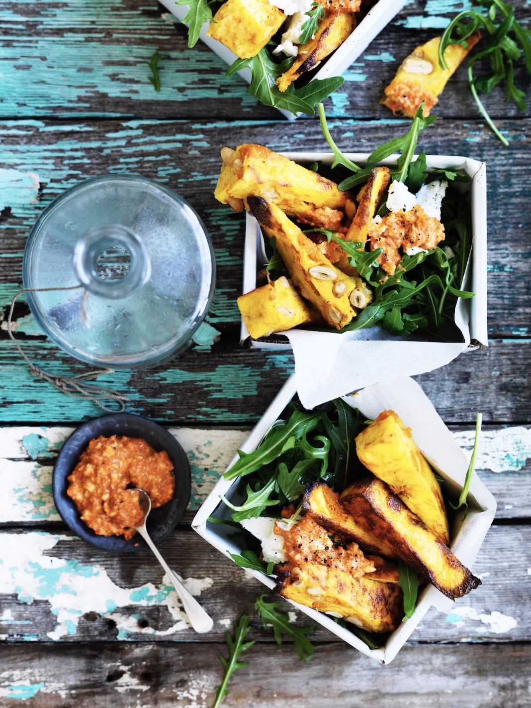 Pumpkin polenta wedges with romesco