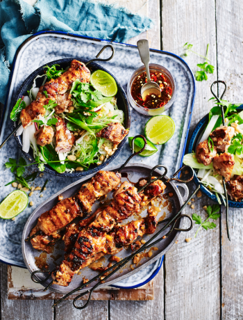 Chicken satay skewers with crunchy salad