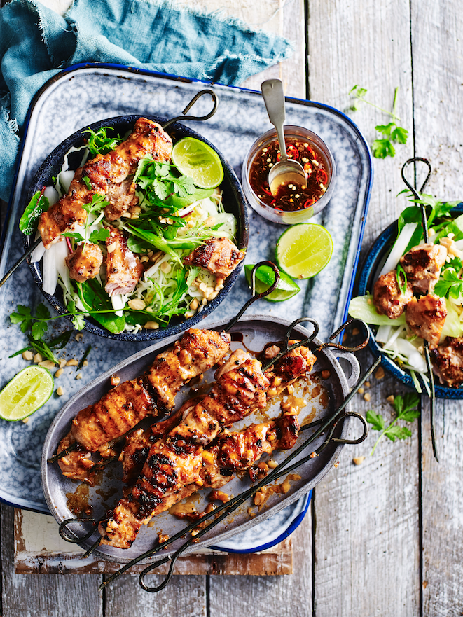 Chicken satay skewers with crunchy salad