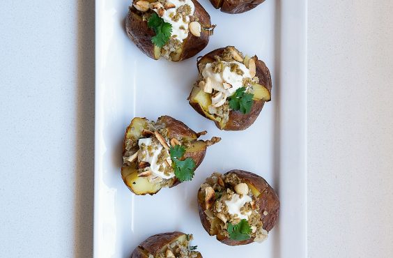 Baked baby potatoes with green thai olive pesto