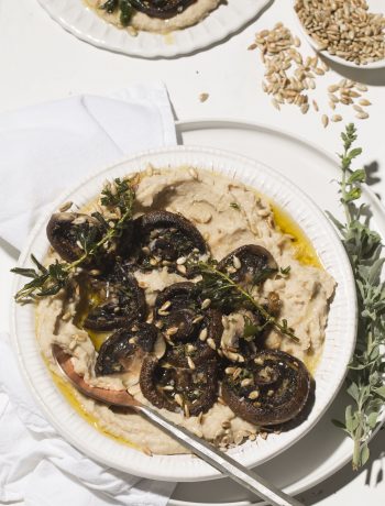 Butter bean mash with whole mushrooms and hot salvia oil