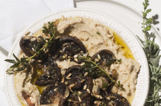 Butter bean mash with whole mushrooms and hot salvia oil