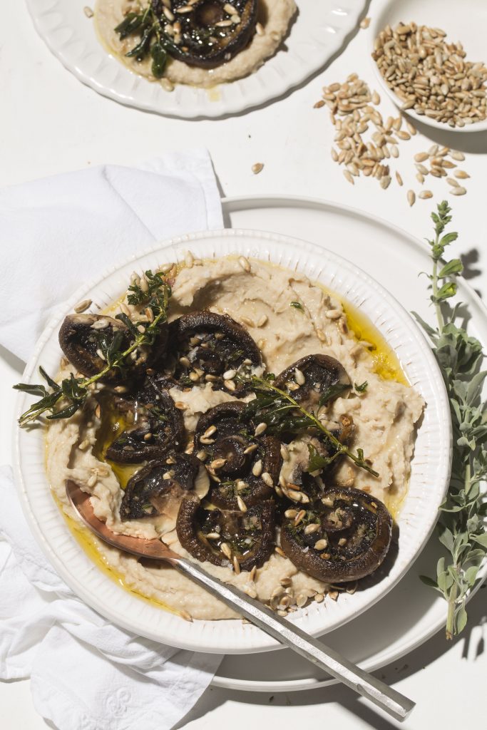 Butter bean mash with whole mushrooms and hot salvia oil