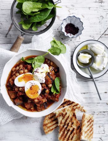 easy brinjal curry with soft-boiled eggs and labneh