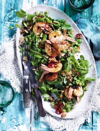 prawns with crushed peas and pine nuts