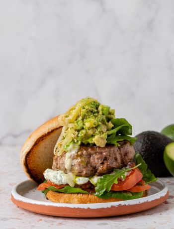 Greek-inspired cheats lamb burger with avo