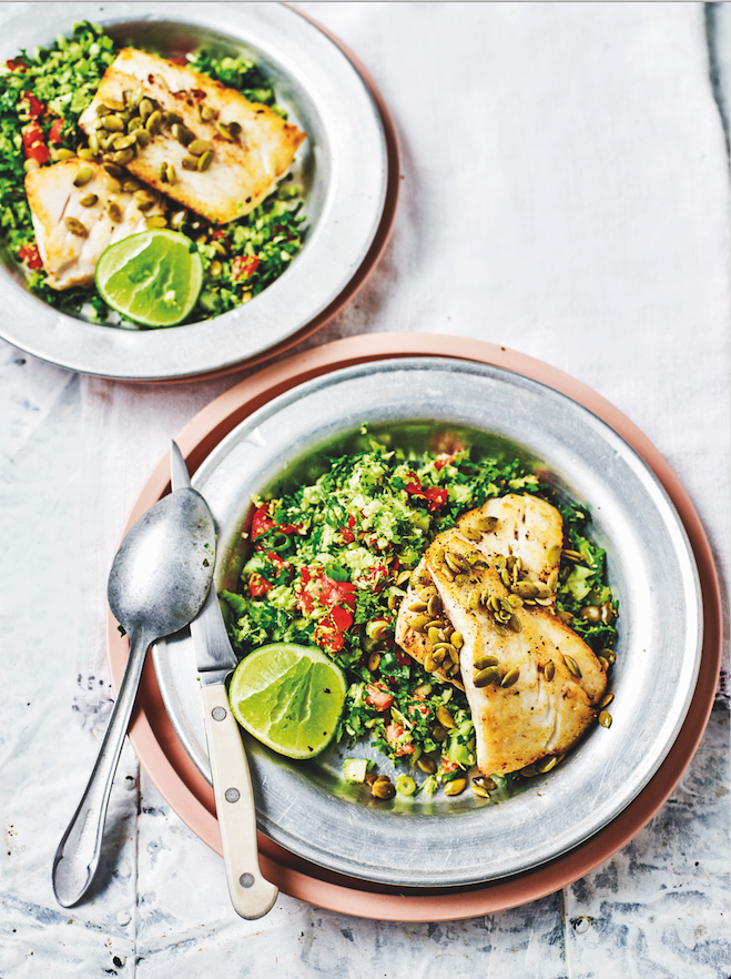 Pan-fried fish with broccoli tabbouleh