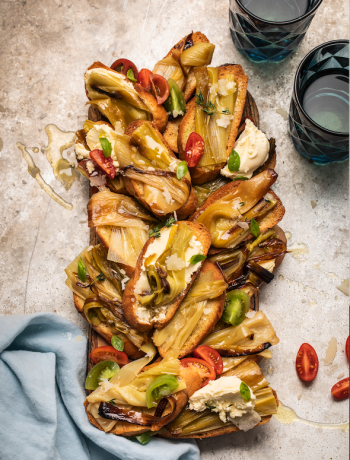 Slow-roasted leeks on home-made bruschetta