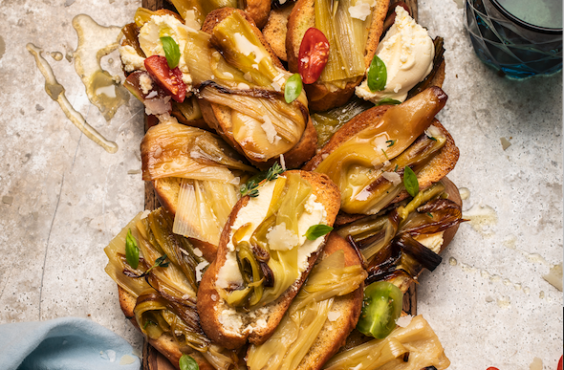 Slow-roasted leeks on home-made bruschetta