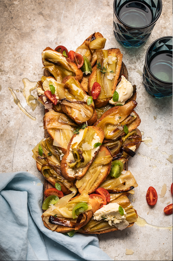 Slow-roasted leeks on home-made bruschetta