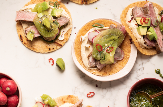 2-ingredient lentil tortillas with steak & kiwi salad