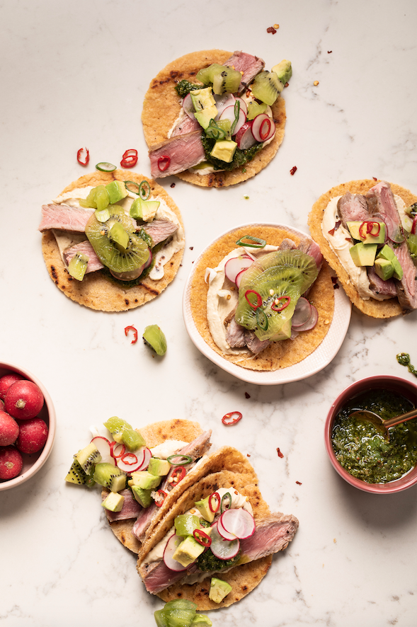 2-ingredient lentil tortillas with steak & kiwi salad