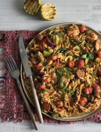 Chicken chorizo, fennel roasted tom risoni