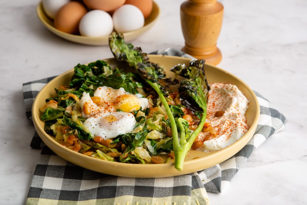 Sautéed Greens with Poached Egg and Paprika Cultured Yoghurt