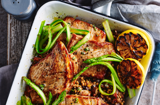 Pork steaks with sauteed lentils