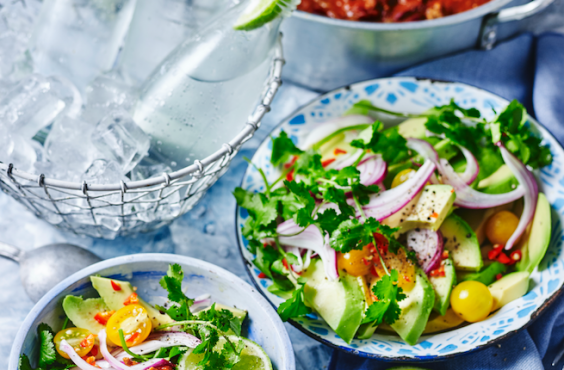 Chili con carne with avocado salad