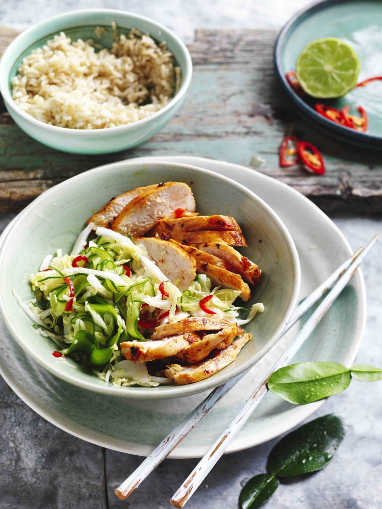 Chili chicken with pickled cabbage salad