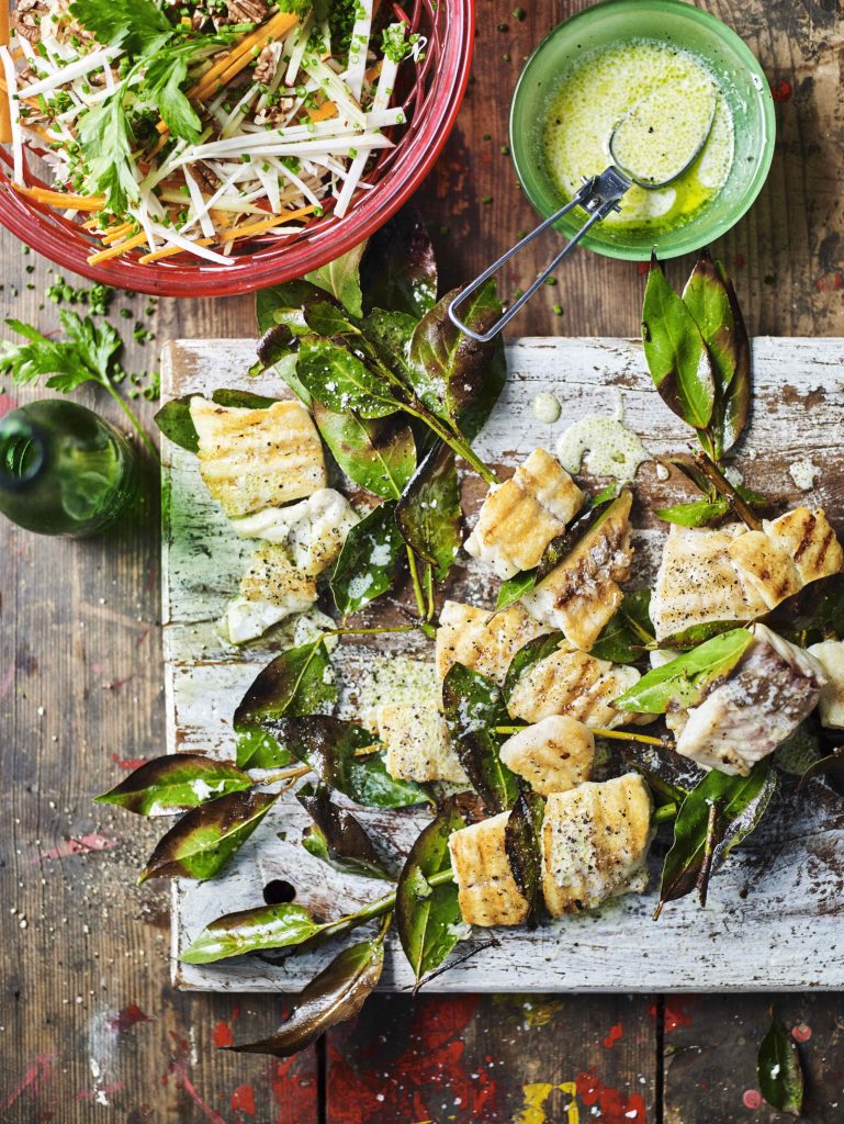 Hake skewers with root vegetable slaw