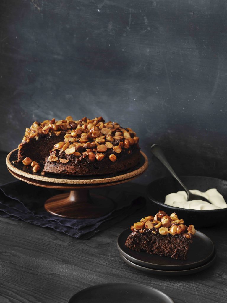 Macadamia and chocolate upside-down cake