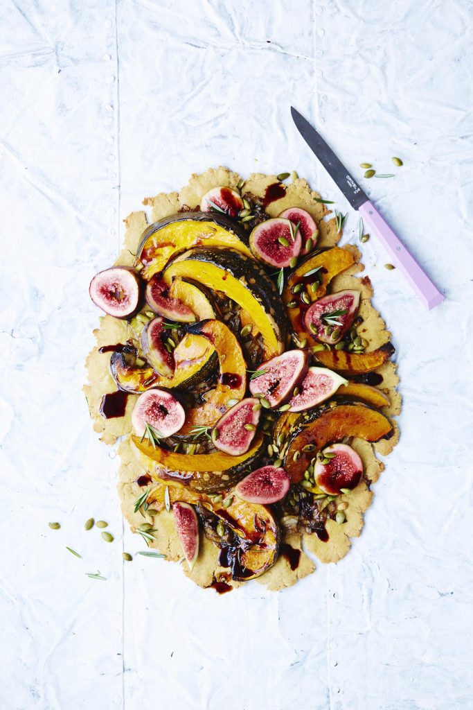 Roast pumpkin, leek & fig tart