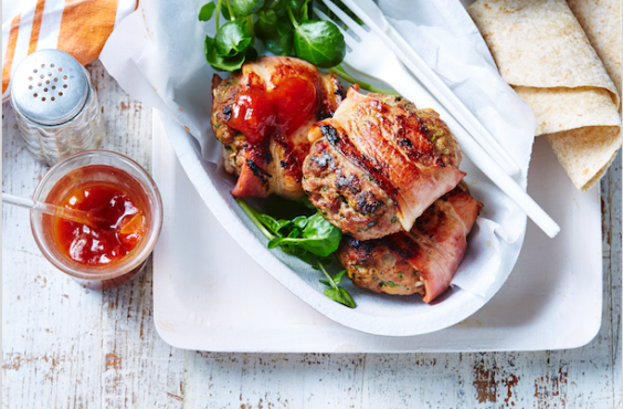 Bacon-wrapped frikkadels with tomato chutney