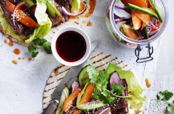 Biltong spiced steak & salad wraps