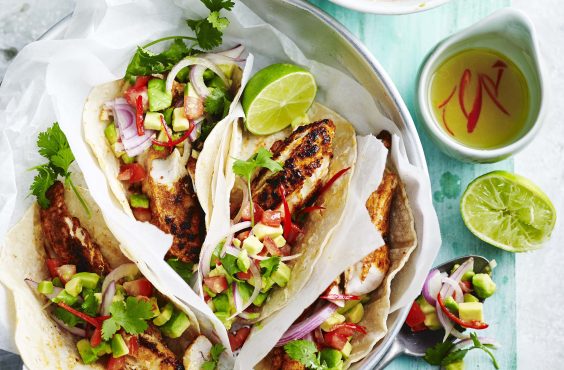 Fish tortillas with tomato & avocado salad