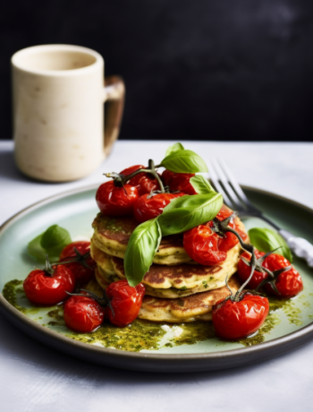 Ricotta & basil pancakes with roasted tomatoes