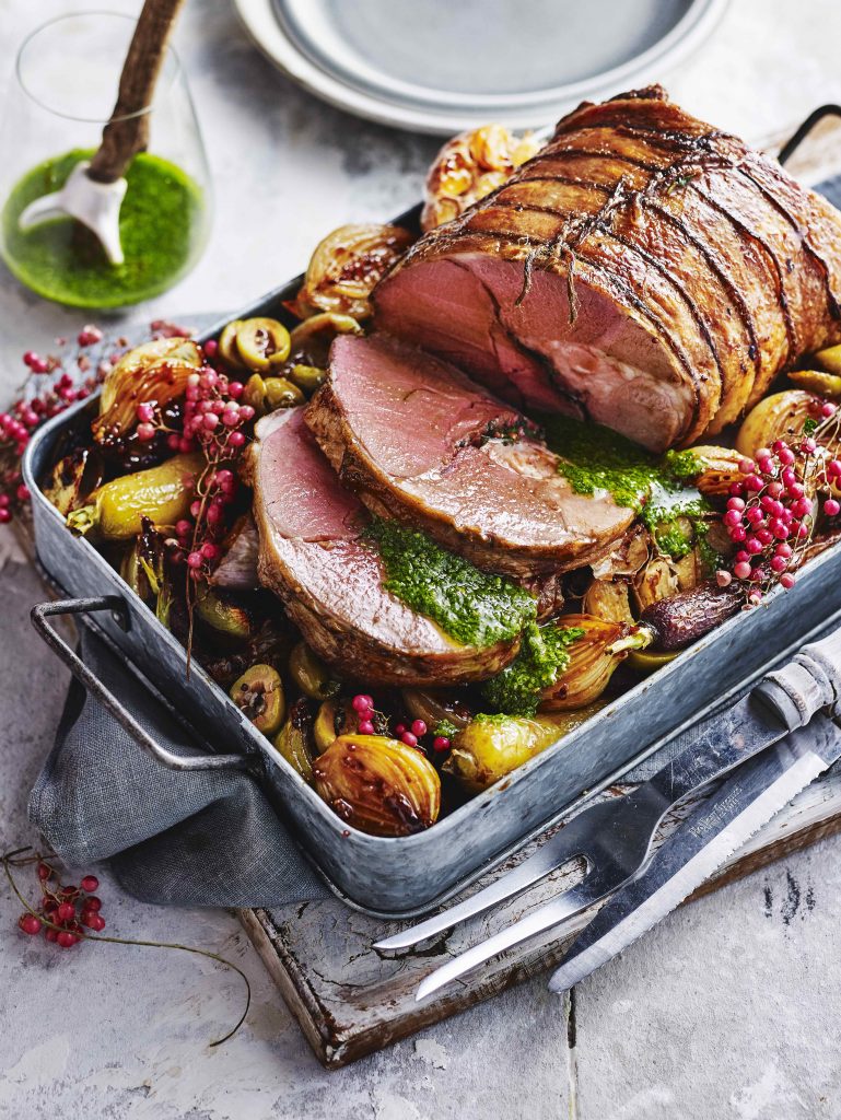 Pink peppercorn lamb with balsamic onions