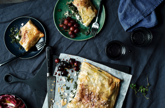 Haloumi & Swiss chard gozleme with honey-roasted grapes