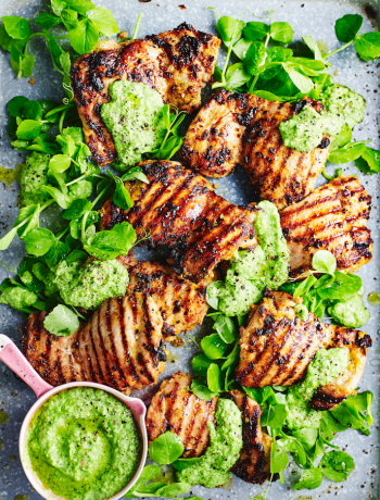 Barbecued chermoulla chicken with pea puree