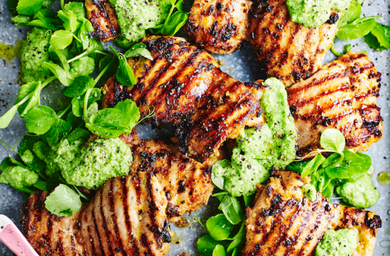 Barbecued chermoulla chicken with pea puree