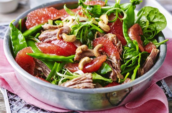 Honey soy pork with pink grapefruit & snow pea salad