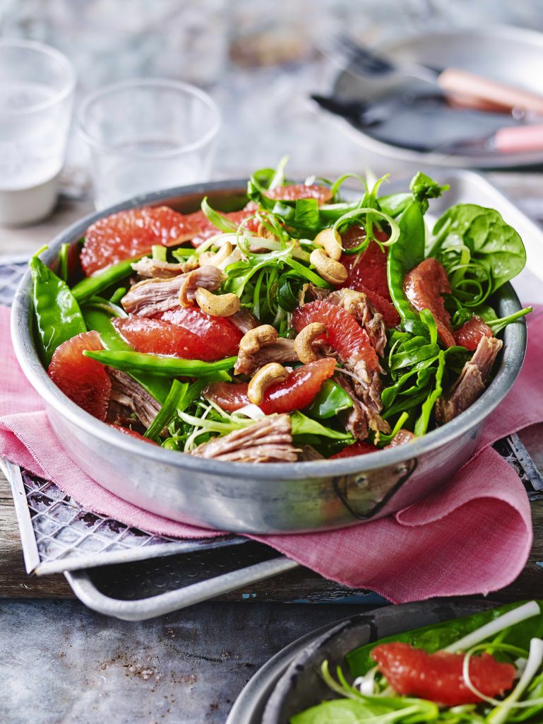 Honey soy pork with pink grapefruit & snow pea salad