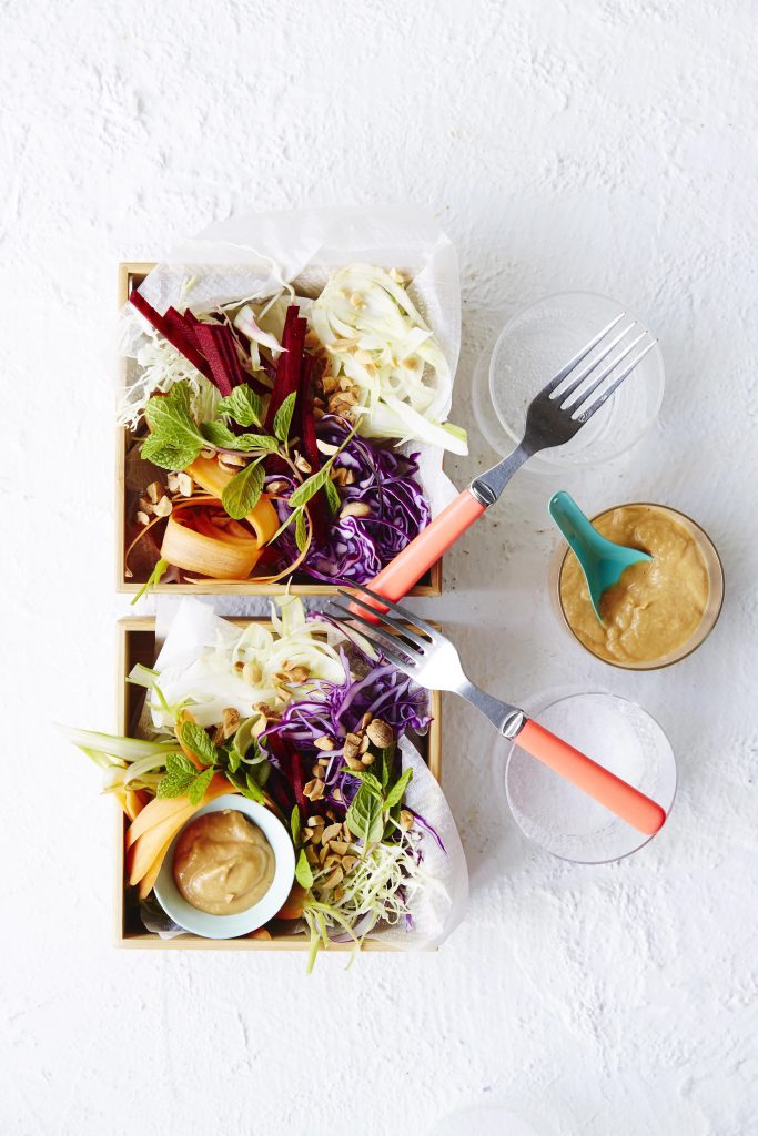 Miso peanut butter bowl with shredded summer veg