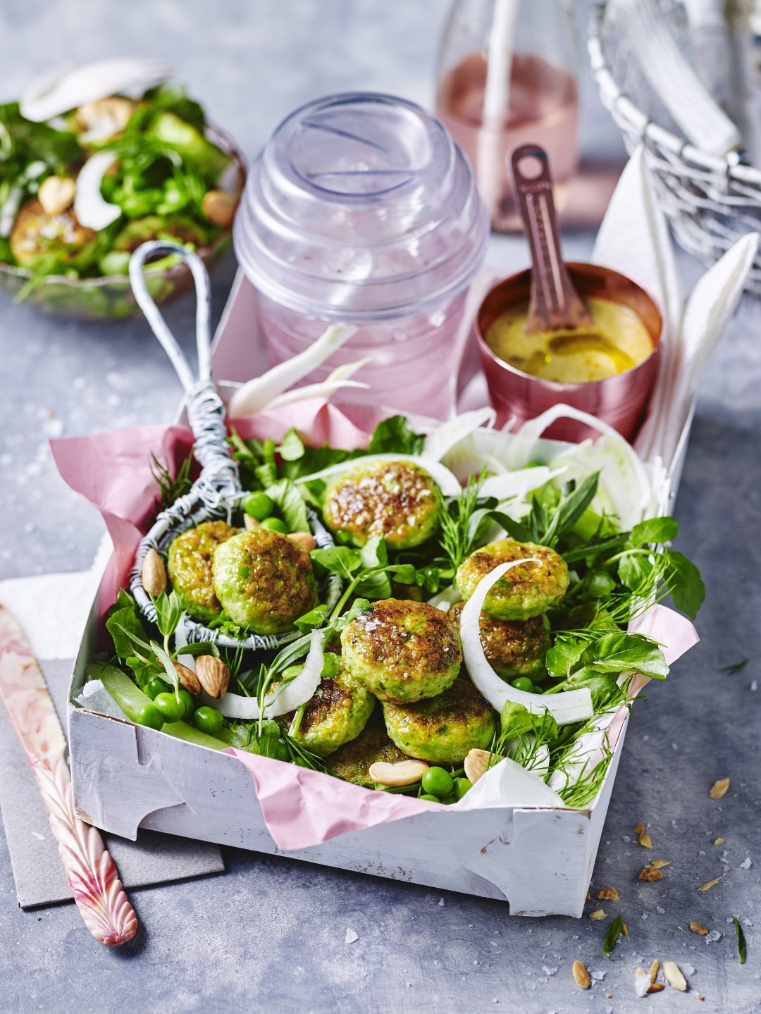 Pea & Prawn patties with watercress salad