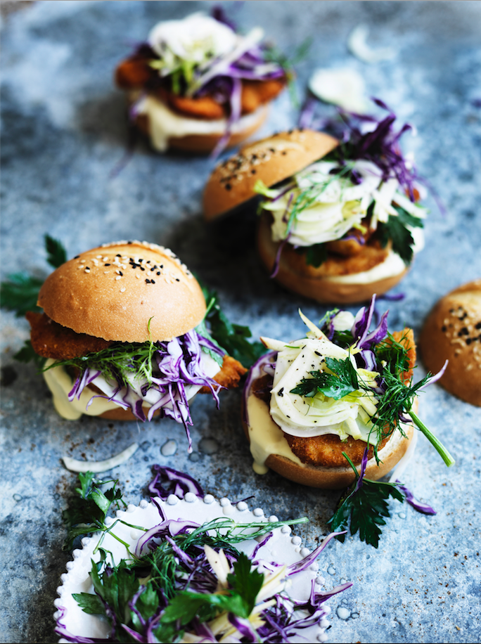 Chicken schnitzel buns with apple slaw