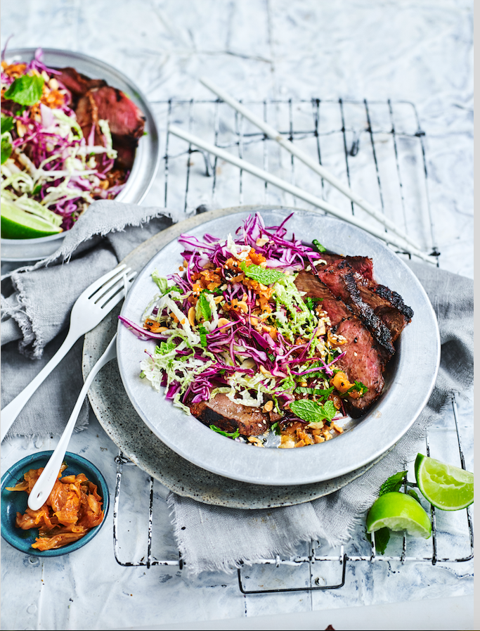 Up your braai game with this Asian fusion dish of Korean grilled steak with kimchi crunch slaw