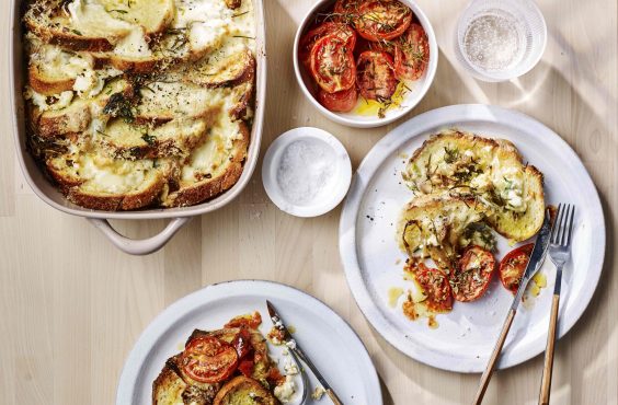 Cheesy brunch bread pudding with slow-roasted tomatoes