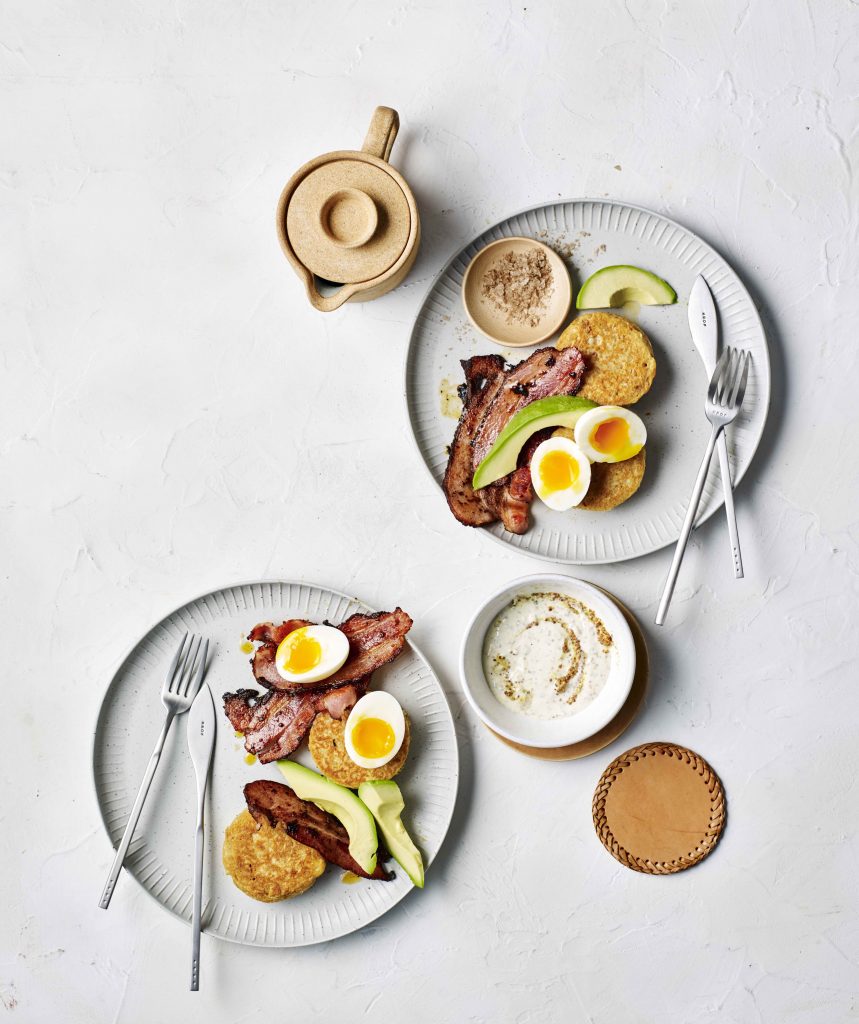 Oat crumpets with avocado & sriracha honey bacon