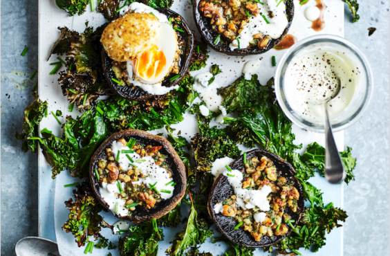 Grilled mushrooms with dukkah eggs & crispy kale