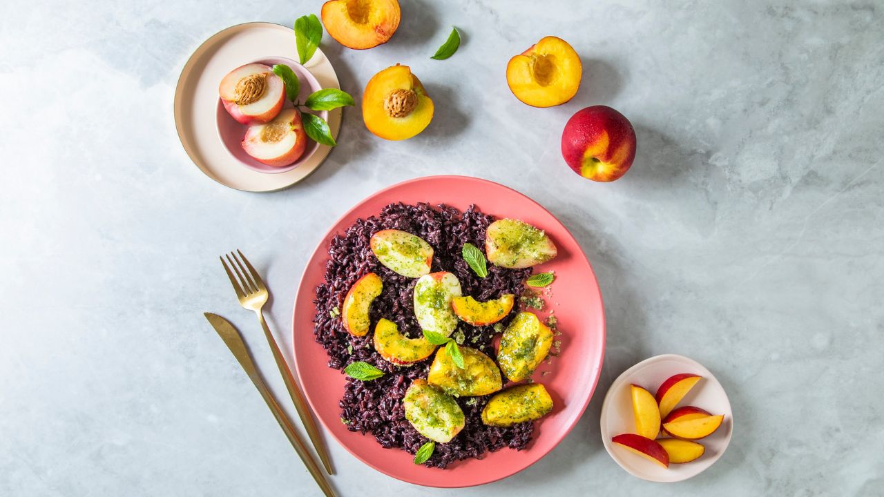 Sticky Black Rice with Lime and Mint Coated Nectarines