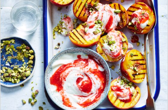 Chard peaches with berry rose water yoghurt