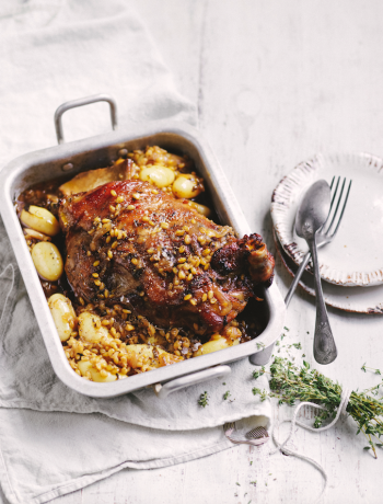 Slow-cooked lamb shoulder with stout and farro