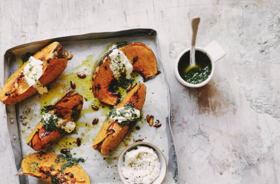 Roast pumpkin with horseradish and mint salsa