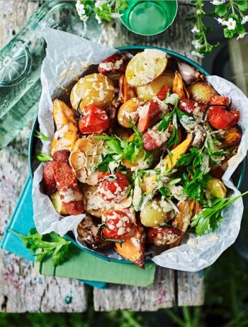 Potato & chorizo salad with roast tomato dressings